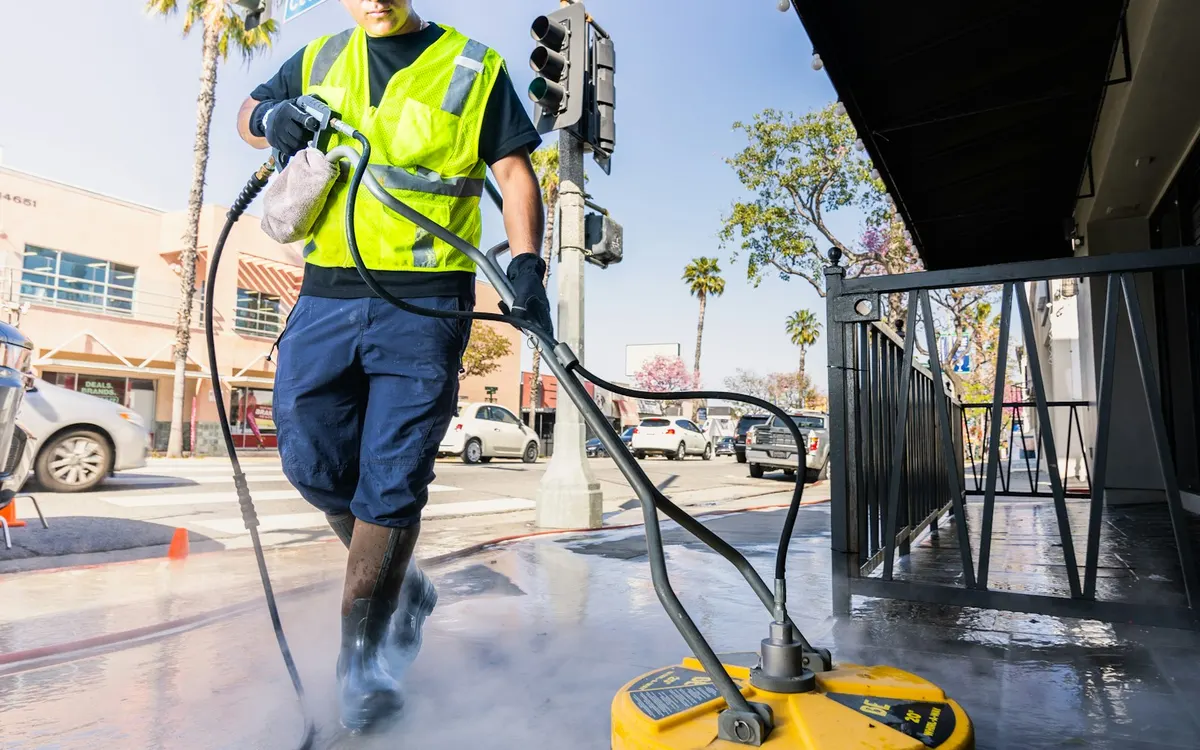 A worker pressure washing a concrete driveway with a surface cleaner