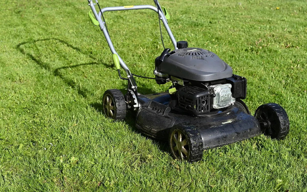 A push mower cutting a green spring lawn