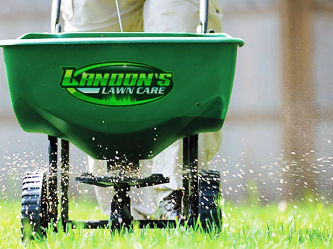 Branded Landon's Lawn Care spreader applying product to a lawn